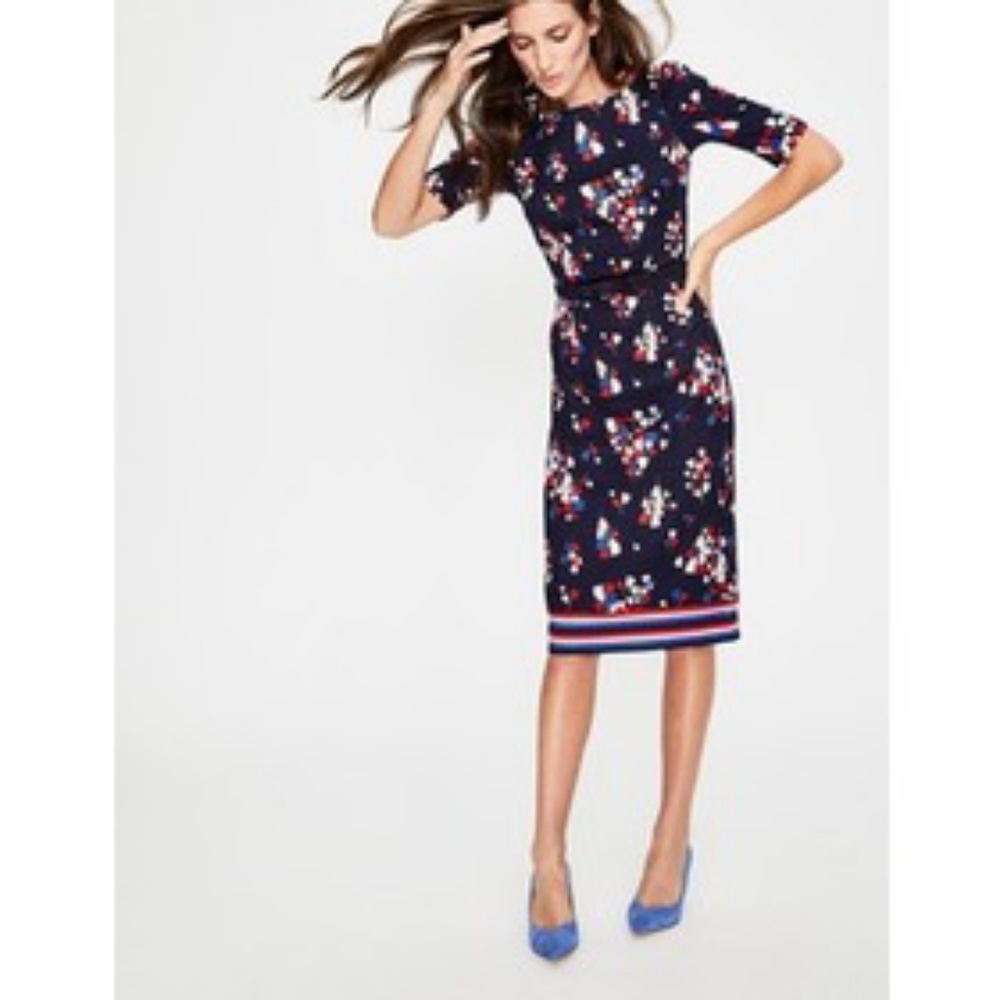 Boden Navy Floral Sheath Dress with Striped Hem